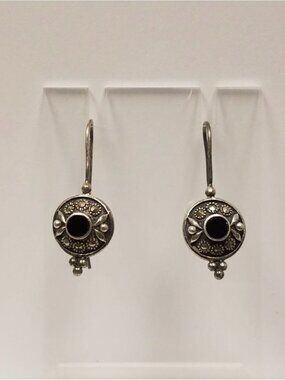 925 Sterling Silver Black Rhinestone & Marcasite Drop Earrings Vintage